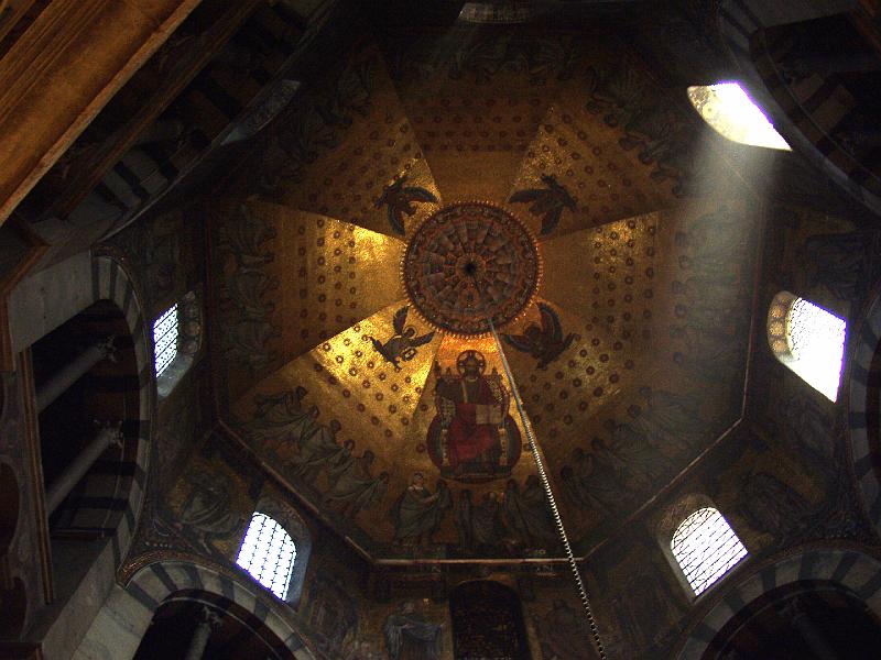P7176703.jpg - Ceiling of the Dom.  This part of the church is the oldest part, built in the 900's by order of Charlemagne.  The mosaic came much later however.