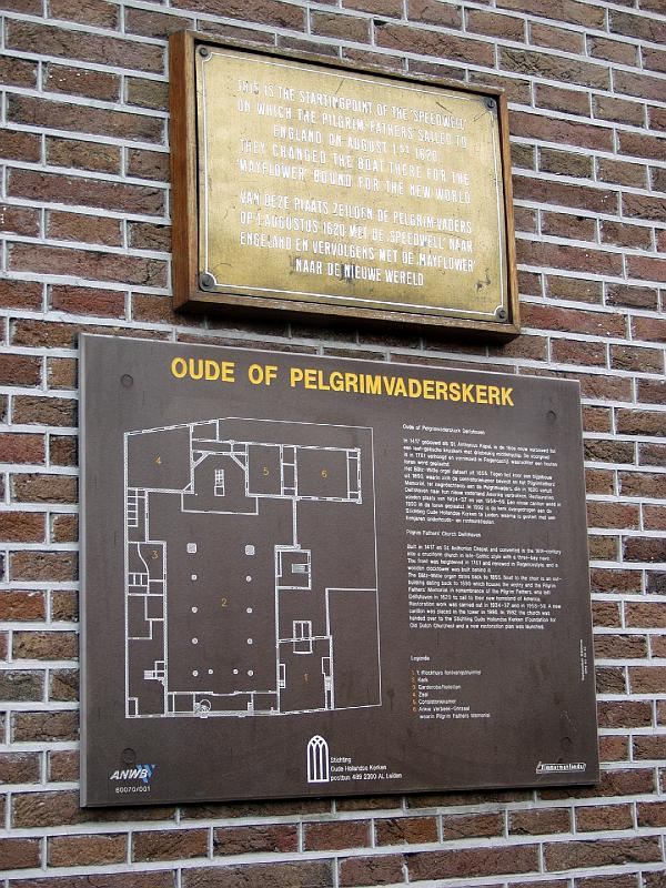 P3275946.jpg - Plaque on the Pilgrim's Church.  This is reportedly the church where the pilgrims prayed before leaving for england to board the Mayflower.